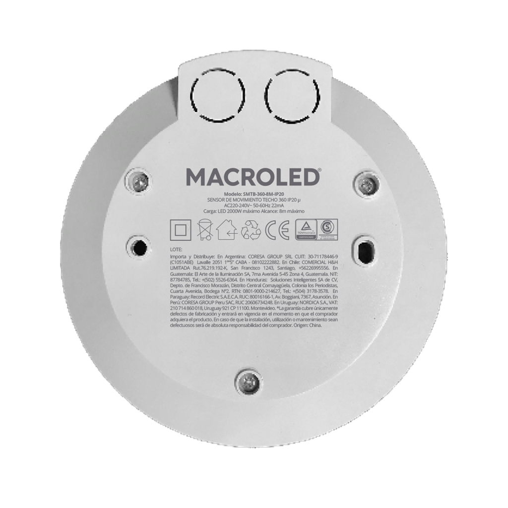 SENSOR DE MOV TECHO MACROLED AC220-240V 2000W MAX, 8M DE ALCANCE, 360º