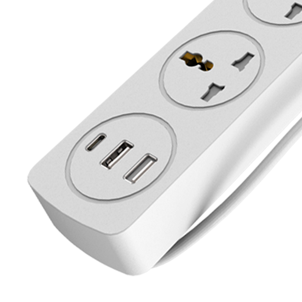 Supresor Multiple 4 Tomas Blanco, +2 Usb +1 Usb C, 1.5Mts De Cable 3X0.75Mm, 250V, 10A, 2500W Max, Usb 5V 3.1A, Protector Termico