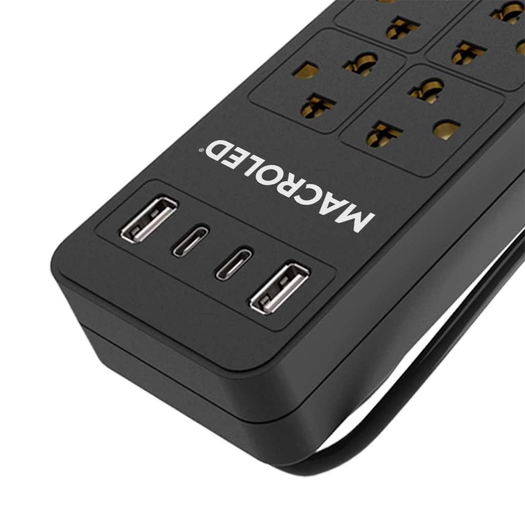 Supresor Multiple 6 Tomas Negro, +2 Usb +2 Usb C, 5Mts De Cable 3X0.75Mm, 250V, 10A, 2200W Max, Usb 5V 3.1A, Protector Termico