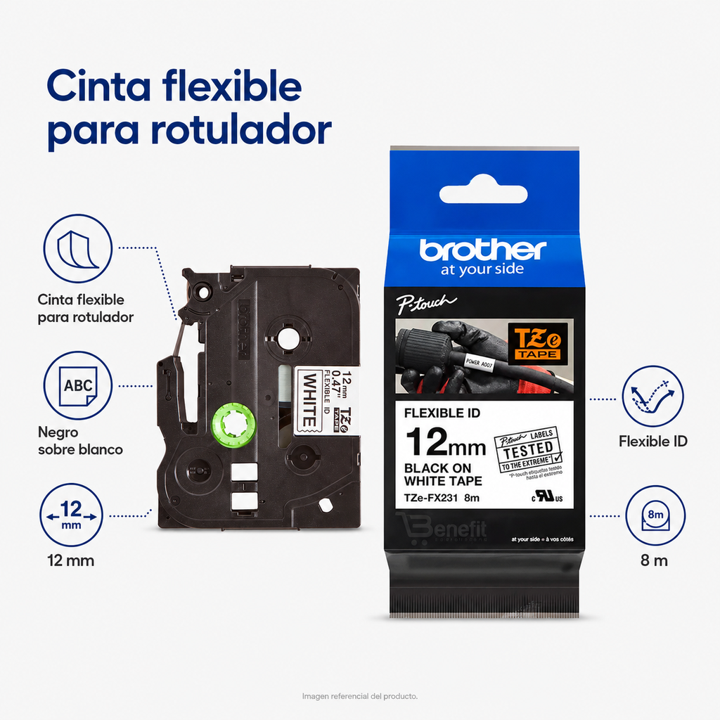 Cinta flexible para rotulador negro sobre blanco 12mm
