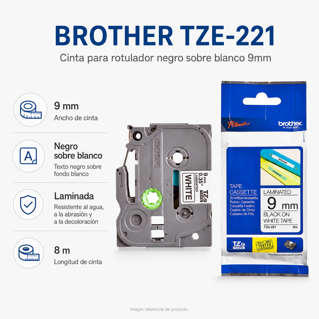 Cinta para rotulador negro sobre blanco 9mm
