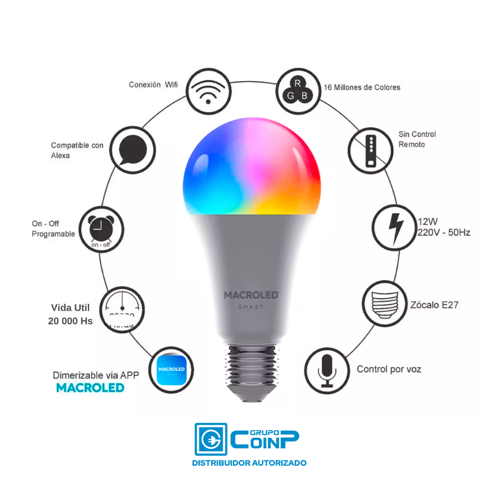 Foco Led Smart A60 12W E27 100-240Vac Wifi+Bluetooth Rgb+Blancos