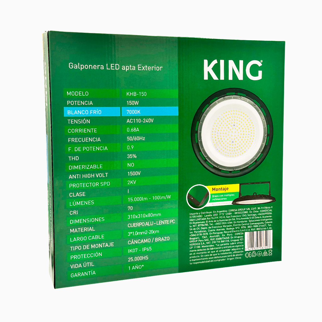 Galponera King 150W, Ac110-240V, 7000K, 100Lm, Ip65, Fp0.9, Ip65, Ik07