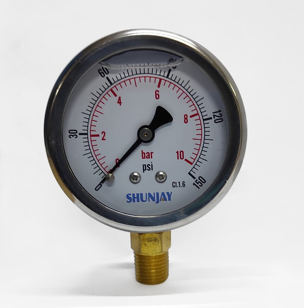 Manometro 10 Bar (150 Psi), Dial 2.5", Acero Inox. - Bronce, Con Conex Inferior 1/4" Npt