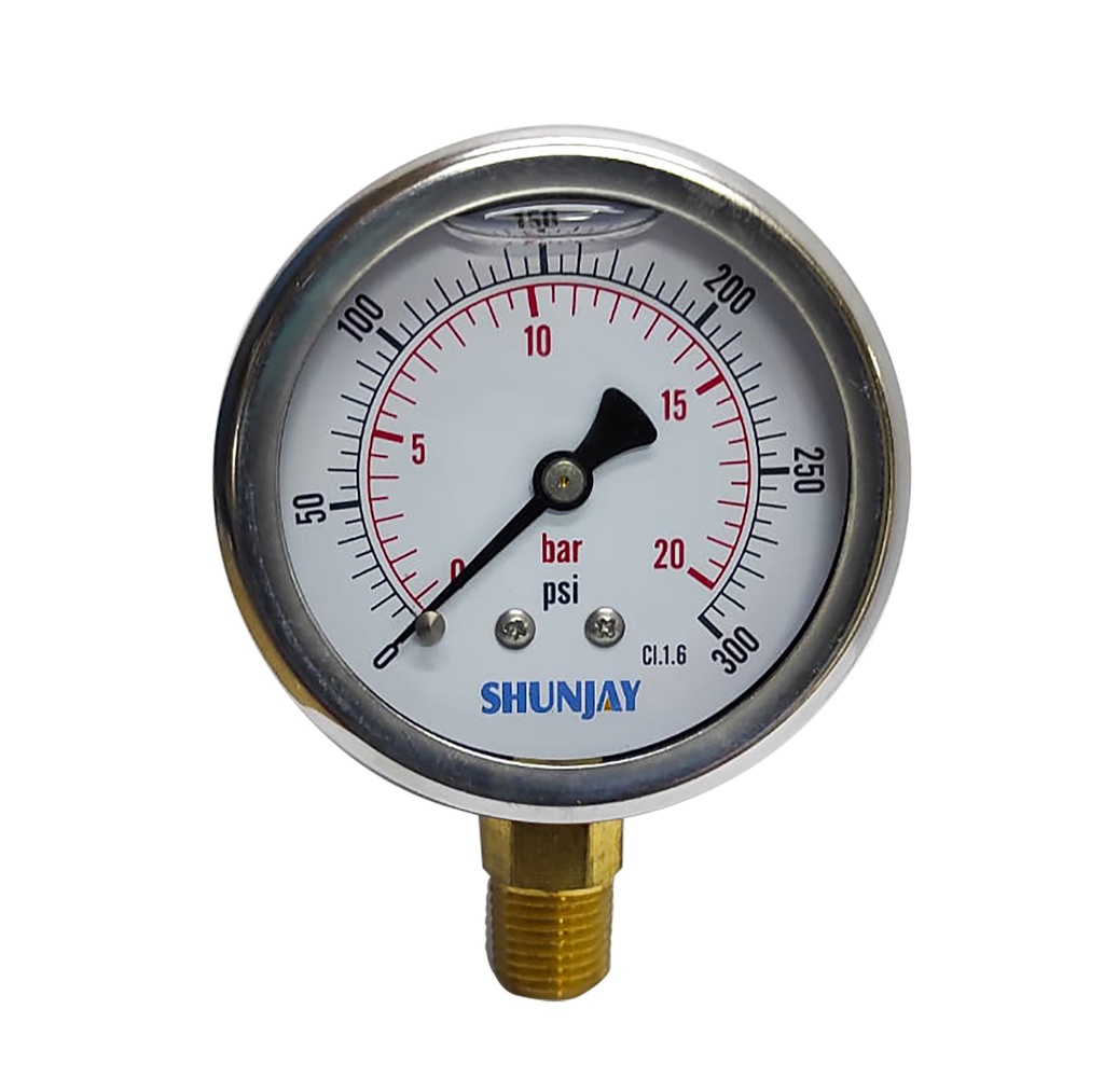 Manometro 20 Bar (300 Psi), Dial 2.5", Acero Inox. - Bronce, Con Conex Inferior 1/4" Npt