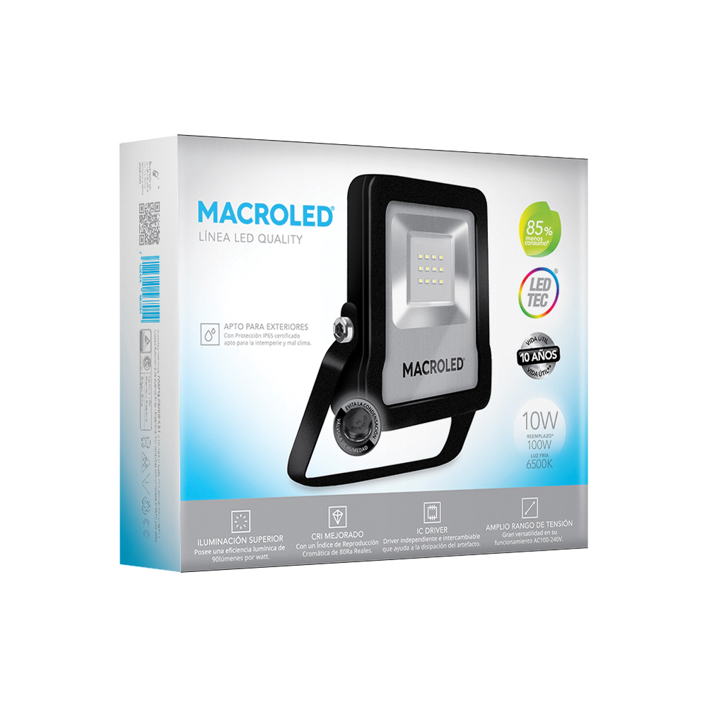 Reflector Led Pro Negro 10W Ip65 100-240Vac Luz Fría 6500K