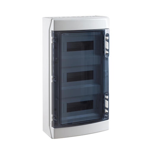 Tablero libre halógeno adosable c/puerta fumé 36 (3x12) polos s/tierra UV IP65 IK08