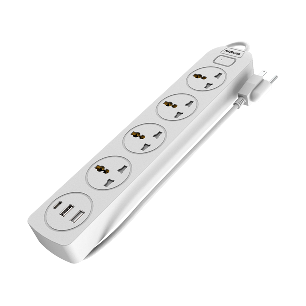 SUPRESOR MULTIPLE 4 TOMAS BLANCO, +2 USB +1 USB C, 5MTS DE CABLE 3X0.75MM, 250V, 10A, 2500W MAX, USB 5V 3.1A, PROTECTOR TERMICO