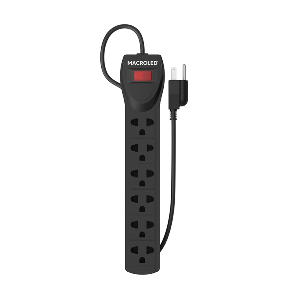 SUPRESOR MULTIPLE 6 TOMAS, NEGRO, 3MTS DE CABLE 3X0.75MM, 250V, 10A, 2200W MAX, PROTECTOR TERMICO