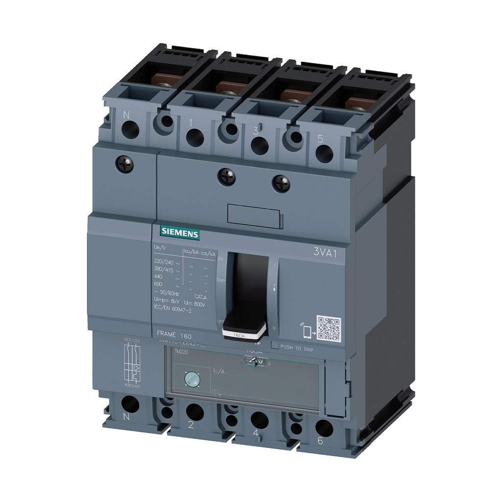 INTERRUPTOR AUTOMATICO 3VA1 IEC FRAME 160 CLASE M Icu=55kA @ 415V 4 POLOS, TM220, ATFM, In=160 A Ir=112A...160A Ii=10 x In neutro no protegido