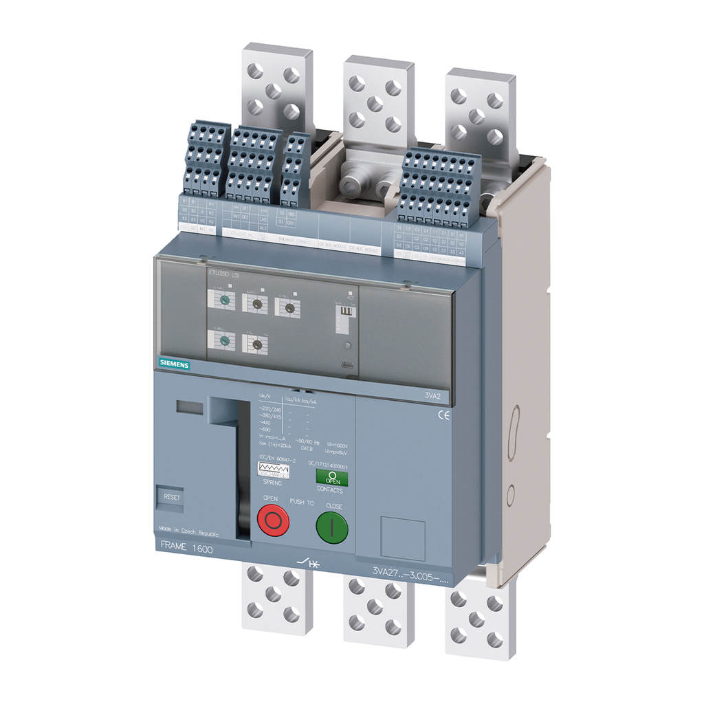 Interruptor Automático 3VA2 3P 400–1000A, 55kA, ETU350 LSI, Fijo con RTC y 4 AUX