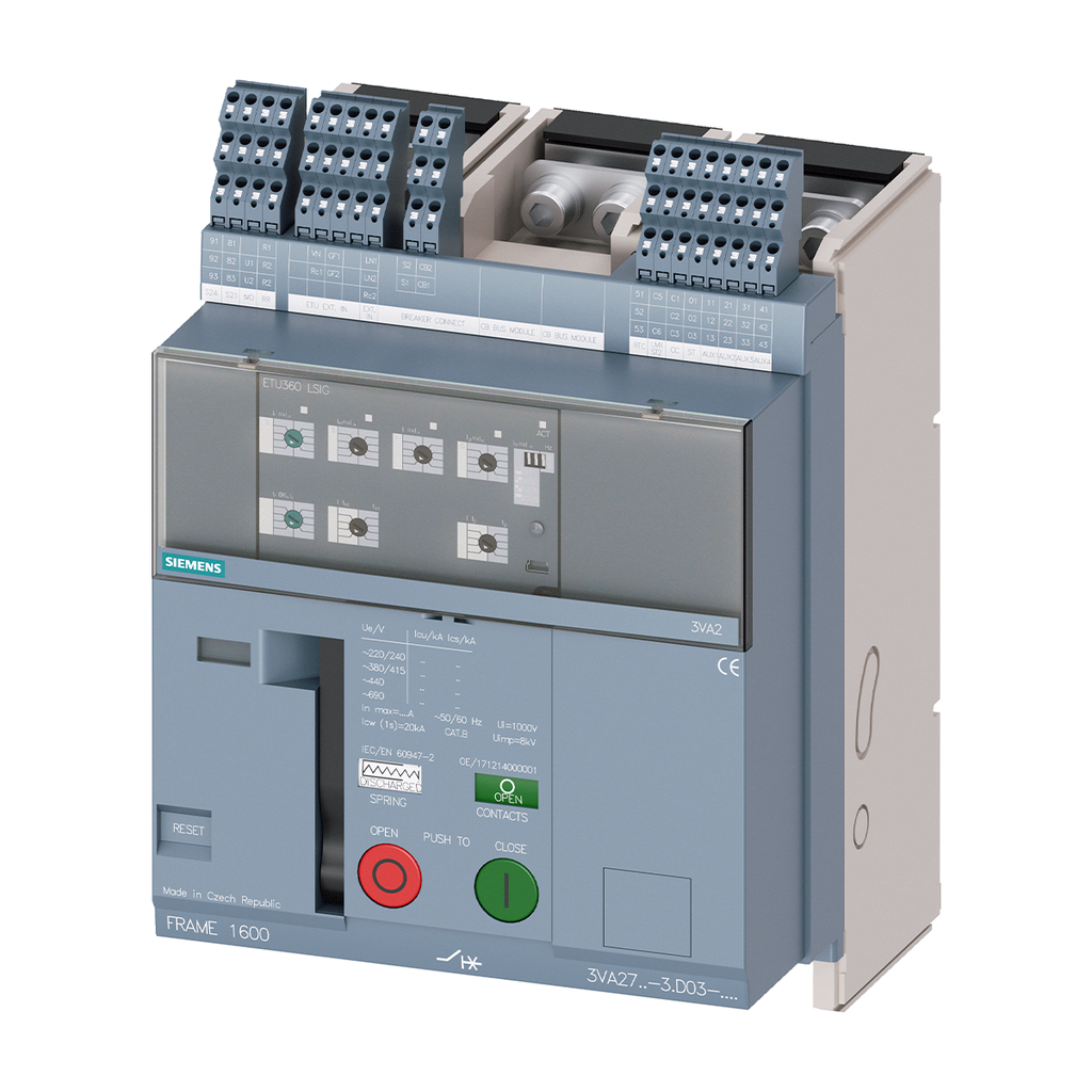 TM de montaje fijo, compacto, Tam. 1600;con RTC y 4 bloques cont. AUX bloque seÒaliz. disparado S24;Icu &quot;M&quot; Icu=55 kA a 415 V, 4 pol., izquierda ETU360, LSIG, In=1000 A Codificador giratorio Ir=400...1000 A
