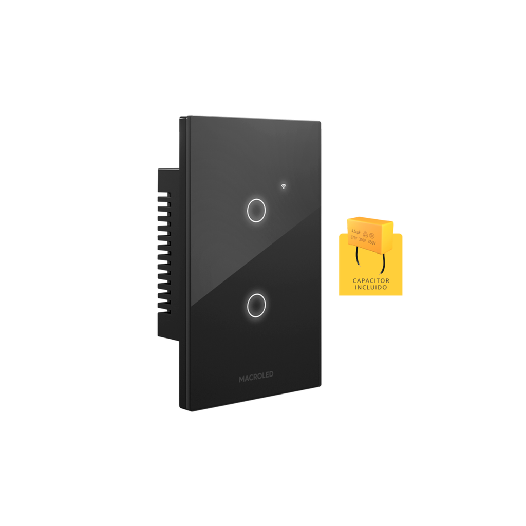 PLACA INTERRUPTOR TACTIL SMART NEGRO 2 CANALES 90-250VAC MAX 10A CON CAPACITOR (NUEVO CODIGO).