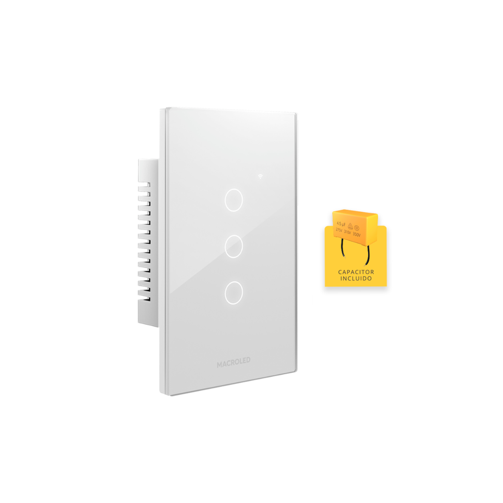 PLACA INTERRUPTOR TACTIL SMART BLANCO 3 CANALES 90-250VAC MAX 10A CON CAPACITOR (NUEVO CODIGO).