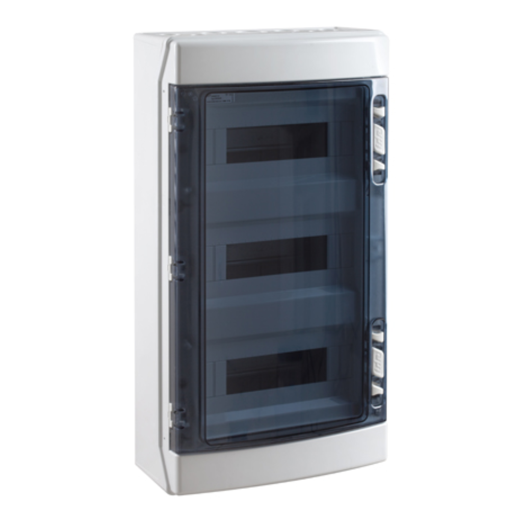 Tablero libre halógeno de ABS adosable c/puerta fumé 36 (2x18) polos s/tierra UV IP65 IK08