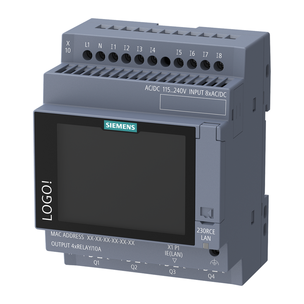 LOGO! 9 - 230RCE,  con DISPLAY aliment.  115V-220 VAC, 8 DI /4 DO a rele, 800 bloques, ampliable, Ethernet, MQTT, pantalla táctil